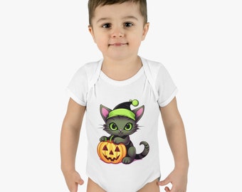 Halloween Cat w/ Pumpkin | Cartoon Cat | Halloween | Infant Baby Rib Bodysuit