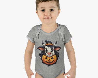 Halloween Witch Cow w/ Pumpkin | Black Cow | Witch Black Cat | Infant Baby Rib Bodysuit