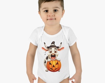 Funny Halloween Witch Cow w/ Pumpkin | Funny Cow | Witch Cow | Infant Baby Rib Bodysuit