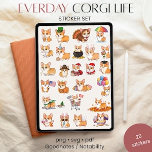 25 Cute Corgi Digital Sticker Set, Kawaii Dog Clipart Cooking, Sitting, Smiling, and More, PNG, SVG, PDF,  Printables, Goodnotes Notability