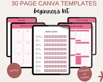 30-Page PLR Canva Templates Begginer's Kit, Editable, Monthly Weekly Daily Planner, Journal, Tracker Templates, PLR Products, Printables