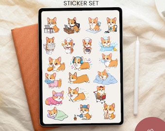 20 Cute Corgi Digital Sticker Set, Kawaii Dog Clipart Cooking, Sitting, Smiling, and More, PNG, SVG, PDF,  Printables, Goodnotes Notability