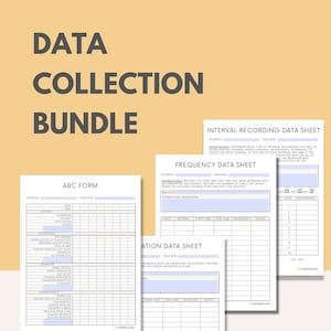 Può includere: Un pacchetto di fogli di raccolta dati per studenti e insegnanti. I fogli includono moduli ABC, registrazione a intervalli, dati di frequenza e fogli dati di durata. Il titolo "DATA COLLECTION BUNDLE" è in alto in lettere scure.