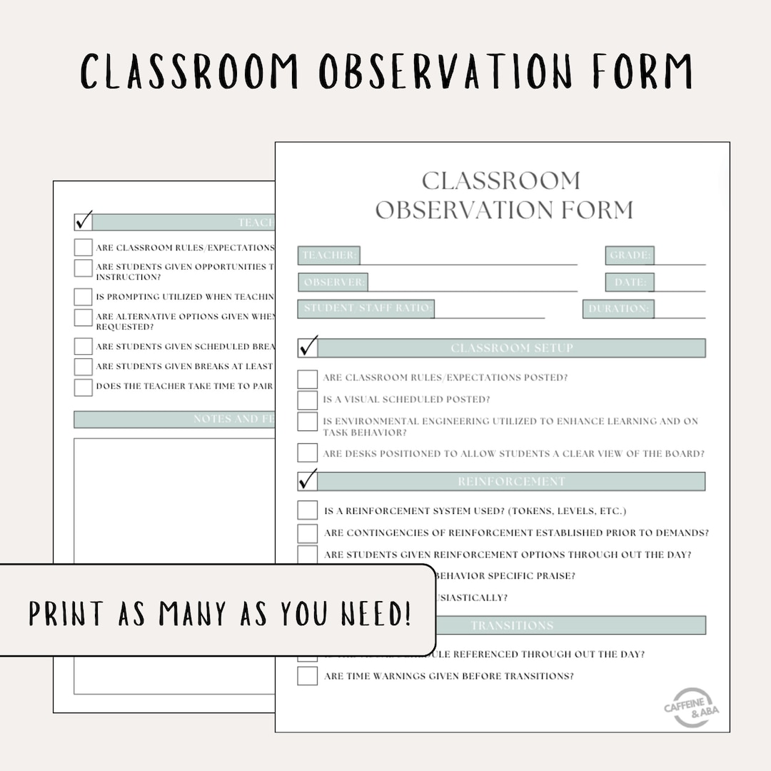 Classroom Observation Form, Checklist, BCBA Classroom Observation ...