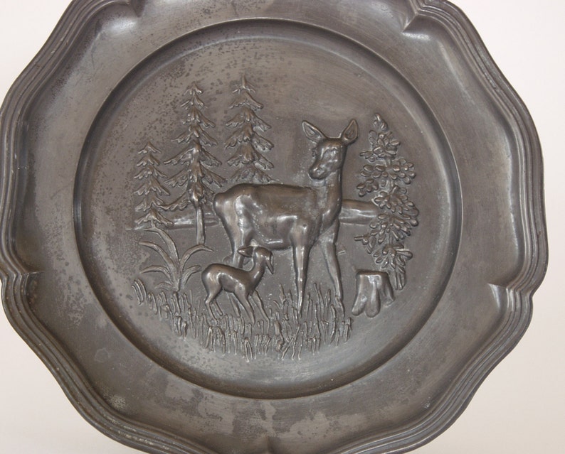 Vintage German Pewter Plate Deer and Fawn Zierteller Metal Embossed