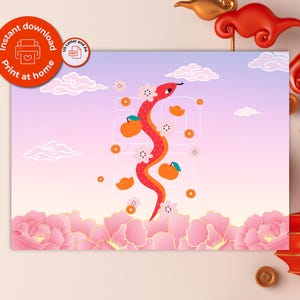 Year of the Snake Pink Cloud 2025 Printable Download Card | Chinese New Year | Lunar New Year | Instant Download | Modern