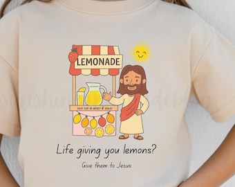 Jesus Makes Lemonade T Shirt. Christian Kids Tee. Cute Faith Based Summer Shirt. Bible Verse Inspired. Toddler Preschool