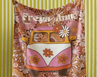 Personalized Retro Van Baby Blanket with Retro Floral Groovy Baby Name Customization Baby Girl Nursery Decor Velveteen Blanket Baby  Gift.