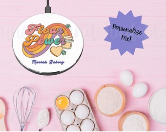 Flour Power Wireless Charger. Retro Sourdough Design, Personalized 10W Fast Charging Pad for iPhone & Android, Custom Tech Gift. Baker Gift