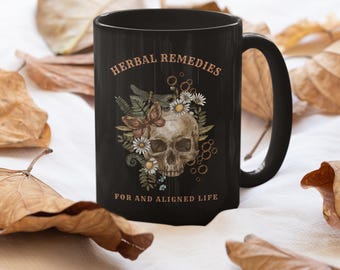 Herbal Remedies Halloween Black Ceramic Mug. Skull Coffee, Herbal Teas, Bone Broth. 11oz. Herbal Medicine Gift. Acupuncture gift.