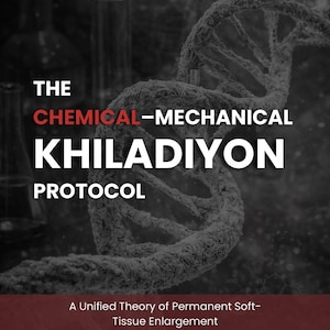 Puede incluir: Imagen en escala de grises con una hélice de ADN y material de laboratorio. El texto dice "THE CHEMICAL-MECHANICAL KHILADIYON PROTOCOL" en blanco y rojo. Debajo, dice "A Unified Theory of Permanent Soft-Tissue Enlargement."