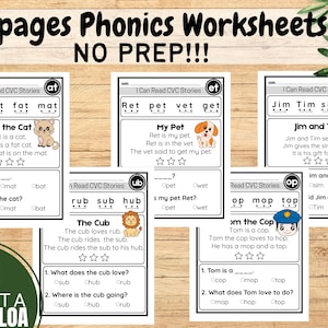 May include: A digital download of 27 pages of phonics worksheets. The worksheets feature CVC stories with illustrations of a cat, dog, lion, and other characters. The text "NO PREP!!!" is at the top.