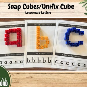 May include: Educational printable showing lowercase letters formed from snap cubes. The letters a, b, and c are constructed from red, orange, and blue cubes. Each letter is displayed on a white card with the text "I Can Build Letter" and "I Can Write Letter". The words "Snap Cubes/Unifix Cube" and "Lowercase Letters" are at the top.