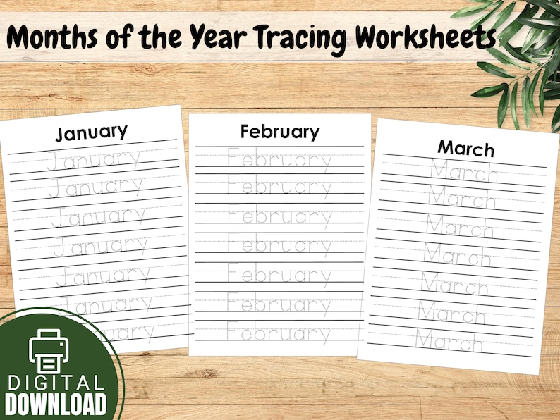 Months of the Year Tracing Worksheets Printable, Handwriting Practice