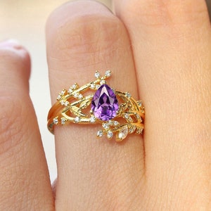 Vintage purple sapphire engagement ring Natural leaf diamond cluster wedding ring 14k gold  sapphire promise ring for her best birthday gift