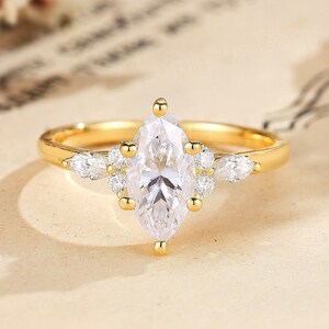 Marquise Moissanite Engagement Ring: 14k Gold Dainty Diamond Wedding Band