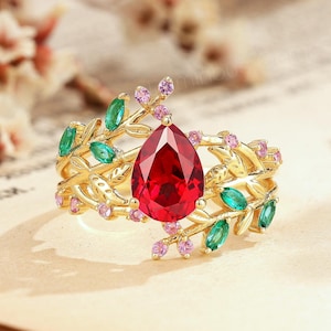 Pear Ruby 14k Gold Engagement Ring: Branch Leaf Art Deco Wedding Jewelry