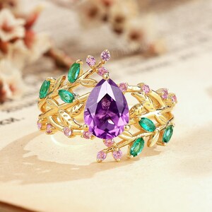 Vintage Pear Amethyst Engagement Ring: Emerald 14k Gold Promise Ring