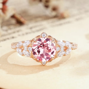 Pink Sapphire Flower Ring: 14K Rose Gold Moissanite Vintage Engagement Ring