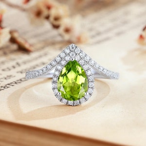 Anel de noivado em formato de pêra, peridoto verde, prata 925, pavê, moissanite, anel de casamento para mulheres, pedra de nascimento de agosto, presente de aniversário para esposa