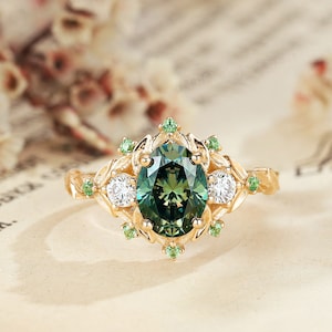 Vintage Oval Green Moissanite Flower Engagement Ring 14k Gold Natural Tsavorite Halo Promise Ring Nature Inspired Green Leaf Wedding Ring