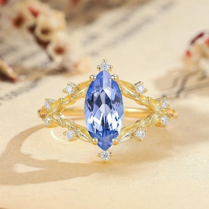 Art Deco 14k Gold Cornflower Sapphire Ring: Marquise Floral Engagement Ring