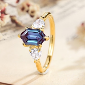 14k Gold Alexandrite Engagement Ring: Long Hexagon Cut Three Stone Ring