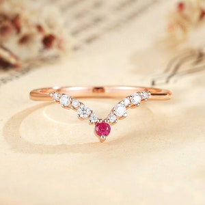 Dainty Ruby and Diamond Wedding Band 14K Rose Gold Stackable Matching Ring Minimalist Curved Ruby Wedding Ring For Women Gift for Girlfriend