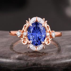 Art Deco Cornflower Sapphire Engagement Ring: 14k Rose Gold Moissanite Accents