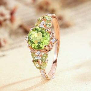 Rose Gold Round Cut Peridot Flower Engagement Ring Art Deco Marquise Peridot Leaf Wedding Ring Custom Promise Anniversary Ring Gift for Wife