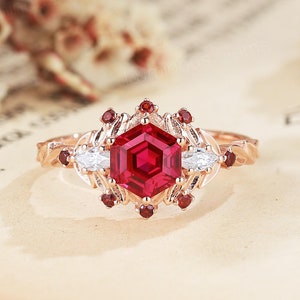Hexagon Ruby Engagement Ring: 14K Rose Gold Flower Leaf Halo