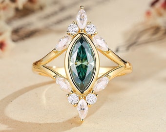 Vintage Green Moissanite Engagement Ring: 14k Gold Marquise Diamond Cluster