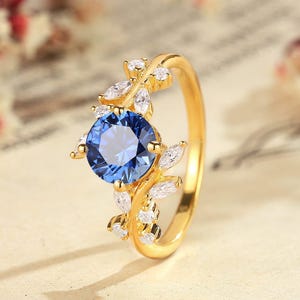 Sapphire Engagement Ring: 14k Gold Branch Leaf Ring, Moissanite Accents