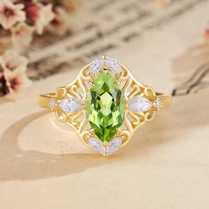 Natural Marquise Peridot Floral Engagement Ring Nature Inspired Marquise Moissanite Wedding Ring For Women 14k Gold Anniversary Ring Gifts