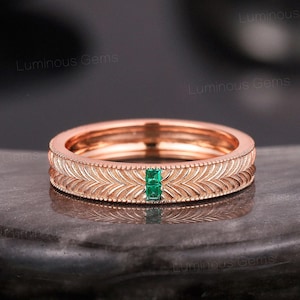 Art Deco Emerald Wedding Band: Arabesque Engraved Promise Ring