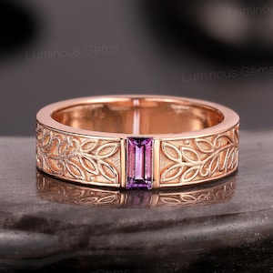Vintage Baguette Amethyst Engagement Ring for Men Nature Inspired Leaf Wedding Band for Couple 14K Rose Gold Matching Ring Anniversary Gift