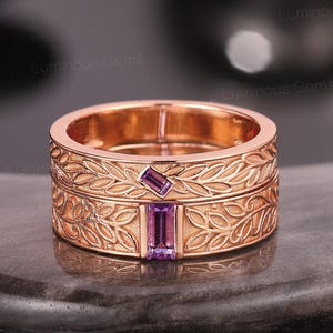 2PCS Amethyst Couple Ring Leaf Design Amethyst Engagement Ring 14k Gold Engraved Couple Ring His and Her Bands Nature Inspired Promise Ring