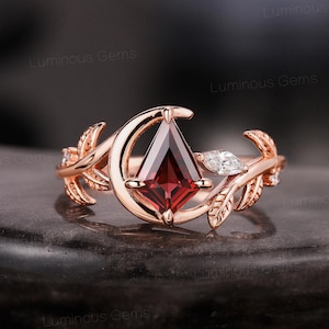 Kite Cut Ruby Crescent Moon Engagement Ring Natural Branch Leaf Bridal Ring Promise Gift Marquise Moissanite Moon Wedding Ring Gifts for Her