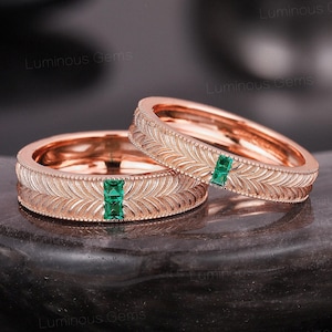 Vintage Princess Emerald Couples Ring Set Bezel Emerald Men&#39;s Wedding Band 14kGold Couple Matching Wedding Band His and Her Anniversary Ring
