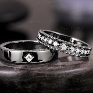 2pcs Gothic Princess Diamond Couple Ring Set Unique Filigree Black Gold Matching Couple Wedding Band His and Hers Promise Ring Gift for Him