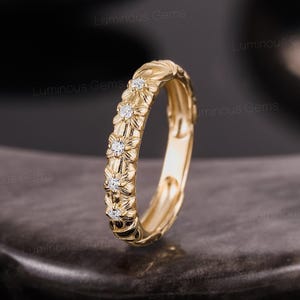 Fede nuziale con diamante naturale VVS di colore D, anello nuziale in oro massiccio 14 carati per donna, anello di promessa floreale inciso, anello impilabile, regalo per lei