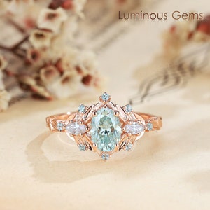 Unique Green Moissanite Leaf Engagement Ring Art Deco Flower Design Wedding Ring 14K Rose Gold Diamond Promise Ring For Women Gift For Her