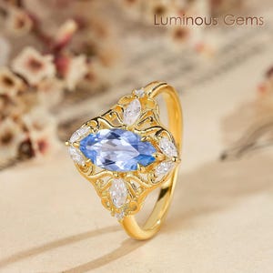 Marquise Cornflower Sapphire Engagement Ring: 14k Gold Moissanite Cluster Art Deco Vine Ring
