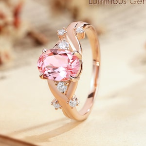 Vintage Oval Pink Sapphire Ring: Rose Gold Branch Leaf Diamond Wedding Ring