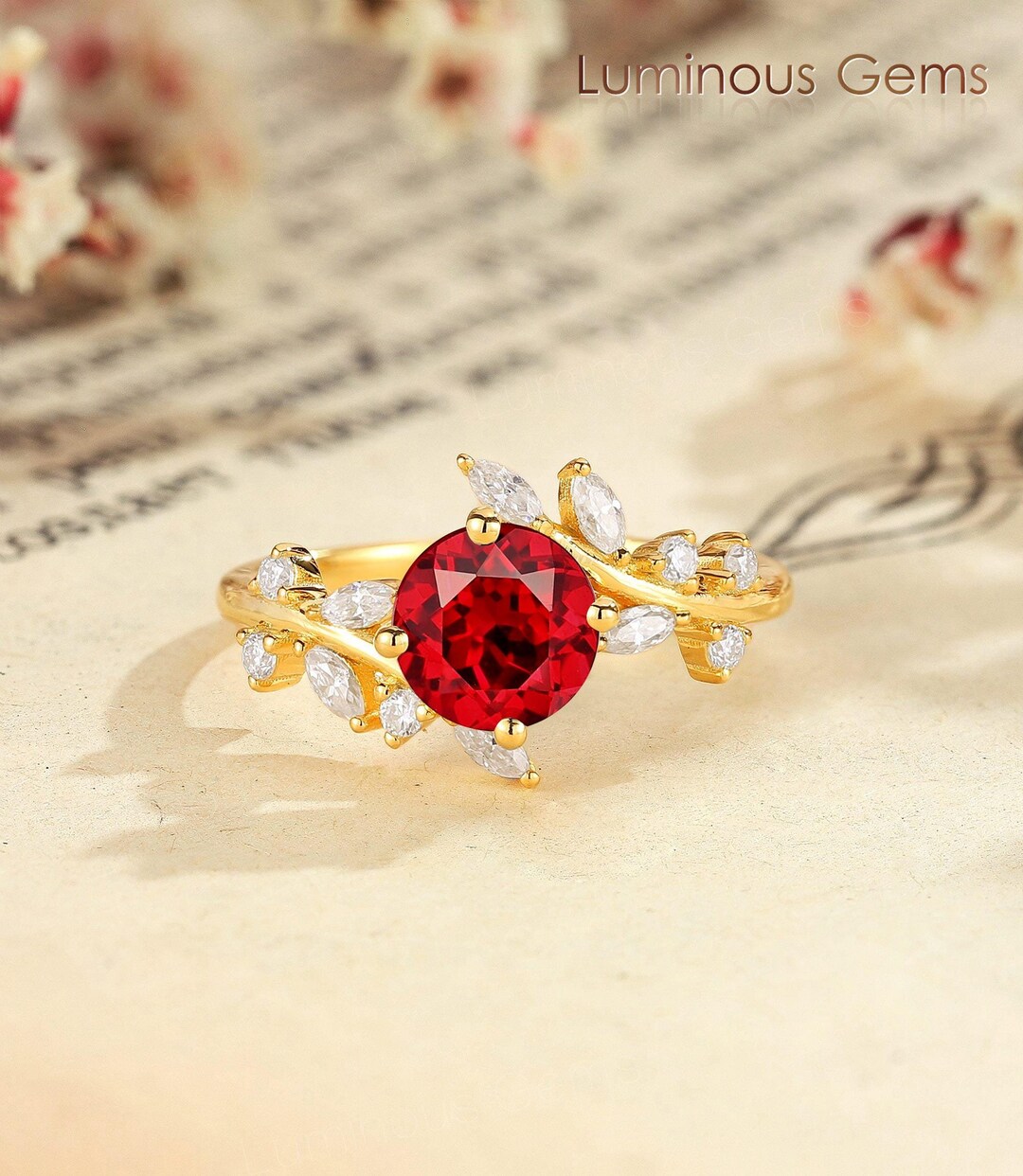 Round Cut Ruby Branch Engagement Ring Marquise Cut Moissanite Wedding ...