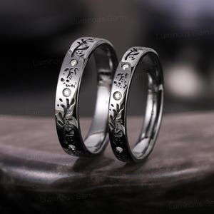 Black Gold Engraved Floral Couple Ring Gothic Moissanite Matching Wedding Band His and Her Wedding Band Handmade Anniversary Gift for Couple