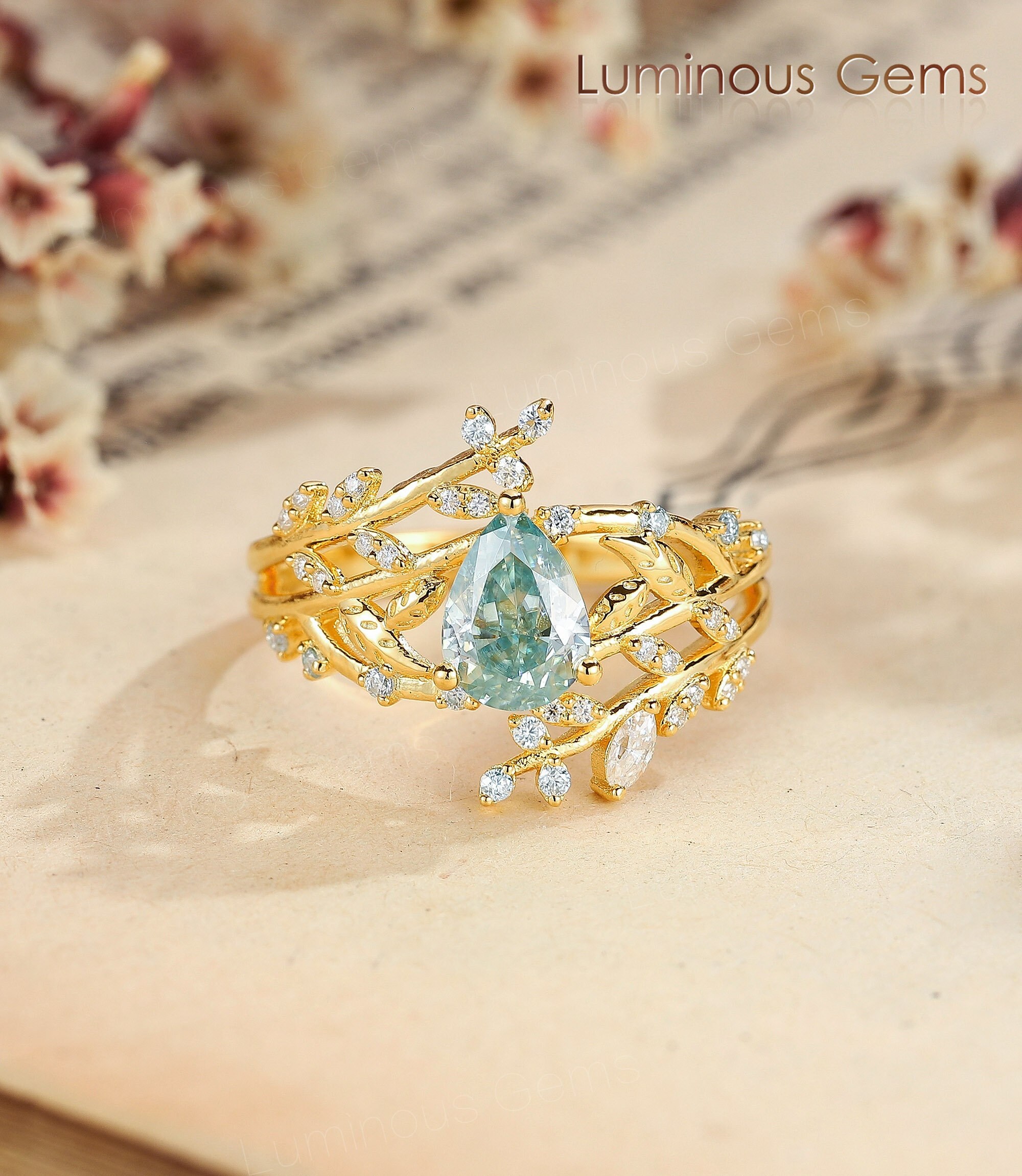 Pear Cut Green Moissanite Ring: 14k Gold Vine Leaf Promise Ring