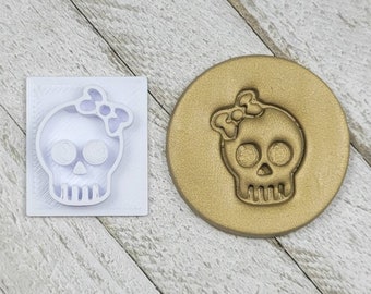 Skull with Bow Girl size 1 inch Texture Stamp for Earring Pendant Embossing on Polymer Clay Ceramic Soap Tool Jewelry Halloween Grunge Cute