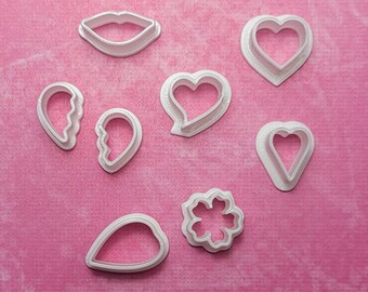 Valentine's Mini Earring Stud Mix, half .50 inch, Set of 8 Cutters for Polymer Clay, Extra Small, Heart, Lips, Broken Heart, Flower, Leaf