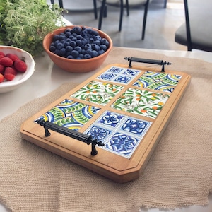 Wooden Tray With Tiled, Serving Tray Wood, Kitchen Decorative Board, Tray With Handless, Housewarming Gift, Premium Gift for Women
